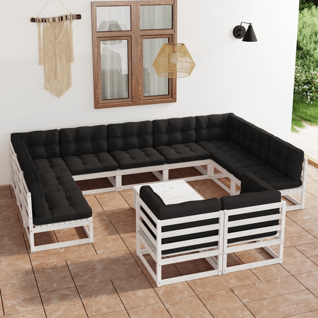 12-tlg. Garten-Lounge-Set mit Kissen Weiss Kiefer Massivholz